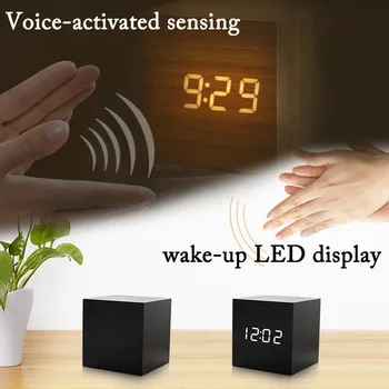 1 Buc Modern din Lemn Digital cu LED-uri de Alarmă Ceas de Birou 60*60*60 mm Timer Control Vocal Multicolor Desktop Masă Termometru Digital 14095
