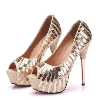 2019 Moda Femei Pompe de Pantofi cu Paiete Pânză Peep Toe Tocuri Subtiri 14CM Tocuri inalte Femei Pantofi de Nunta 49