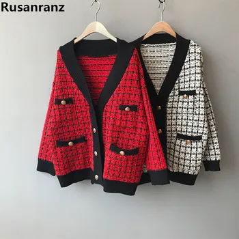 2019 Nou Net Roșu Negru Tricotate Cardigan Versiunea Coreeană Liber Retro Femei Pulover Jacheta Femei Jachete 6228