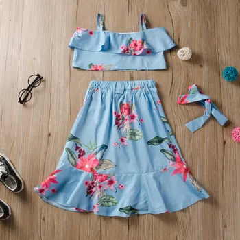 2019 uri fete de vară sling vesta + fusta + curea 3 buc seturi de îmbrăcăminte de moda pentru copii din flori haine haine de petrecere pentru copii 4051