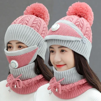2020 Iarna tricotata Pentru Femei Căciuli Noi Îngroșarea Protecție pentru Urechi Camping Tricotate Pălărie Masca Drumeții Eșarfe Roz Roșu Seturi 12489