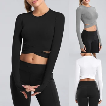 2020 Maneca Lunga Funcționare Tricouri Femei Sexy Expuse Buric Yoga tricouri iute Uscat Sala de Fitness Topuri de Cultură Solid Tricouri Sport 31905