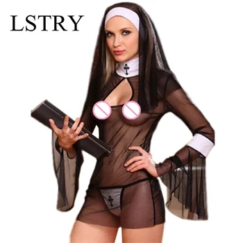 2020 Nou Costum Sexy Femei Cosplay Călugărițe Uniformă Transparent Lenjerie Sexy Exotice Călugăriță Costume De Halloween Rochie De Tinuta Vestimentara 0