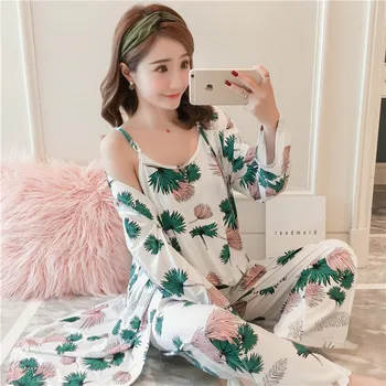 3PCS Sexy Bumbac Pijama Seturi pentru Femei 2019 Primavara cu Maneci Lungi Robe Femme de Imprimare Sleepwear Homewear Pijama Mujer Set de Trei Piese 26522