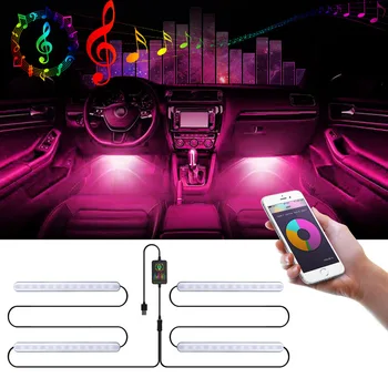 4buc USB RGB LED-uri Auto Benzi de Lumină LED-uri Auto Picior de Lumină Ambientală Lampa Decorativa Atmosfera Lămpi Styling APP Lumini + voice control 0