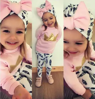 Adorabil Copil Copil Copil Fata Roz Coroana Bluze T-shirt, Pantaloni Haine Haine Pălărie 3675