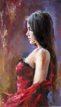Artizanat pictură în ulei:frumoasă tânără fată în rochie roșie pictură în ulei 0