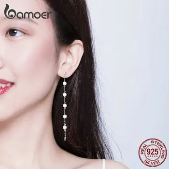 Bamoer Pearl Lanț Lung Picătură Cercei pentru Femeile Reale Argint 925 Legăna Stil coreean Cercei Petrecere Bijuterii BSE185 0