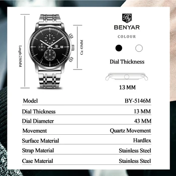 BENYAR Mens Ceasuri de Top de Brand de Lux Quartz Cronograf de Moda din Oțel Inoxidabil rezistent la apa Bărbați Ceas Militar Relogio Masculino 10146