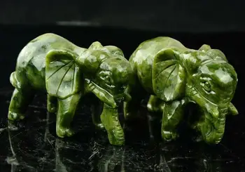 Colectie Deosebita Chineză Naturale Jad Verde Sculptură Animal Elefanți Longevitate De Bun Augur Statuie O Pereche 0