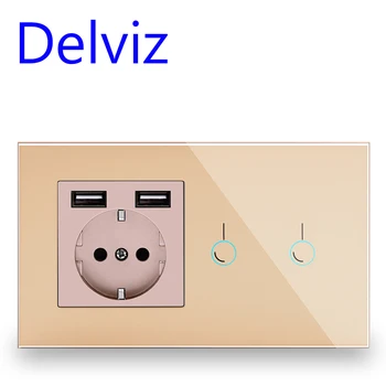 Delviz Standard UE Touch Comutator, 2Gang 1Way Control, Sticla de Cristal Panou, Dual USB Port, Lumina de Perete Comutator, 16A Priza usb 0