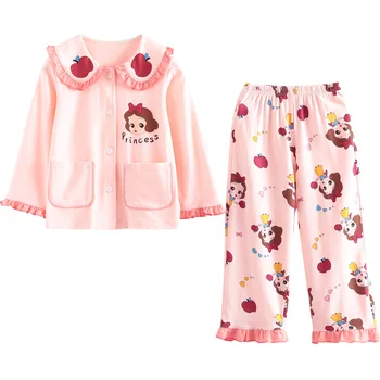 Design nou de Primăvară Pijamale Pentru Copii Fete de Bumbac Desene animate Seturi de Pijamale cu Maneca Lunga Drăguț Guler de Turn-down de Sus Și Pantaloni 0