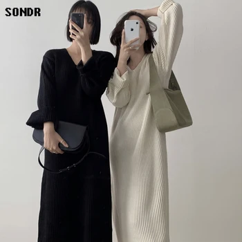 Dintr-o Bucata coreean Rochie Pulover 2020 Toamna Iarna Îmbrăcăminte pentru Femei V-Neck Loose Simplitate Tricot Bottom Rochie pentru Femei Rochie Lunga 0