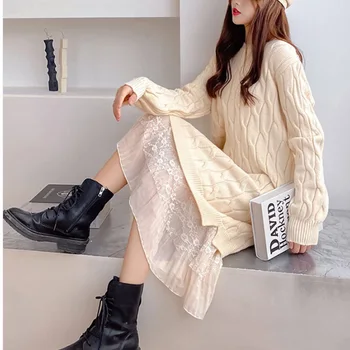 Dintr-O Bucata Femeie Dantela Cusut Poftă De Mâncare Rochie Femei De Iarnă Coreean Maneca Lunga Pulover Tricotate Rochii 2021 Primăvară Femeie Rochie Midi 0