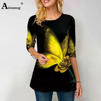 Femei de Dimensiuni Mari 5xl Noi de Vara Fluture Imprimate T-Shirt Maneca 3/4 Rotund Gât Topuri Elasticitatea Feminin Liber Casual Tricouri Tricou 0