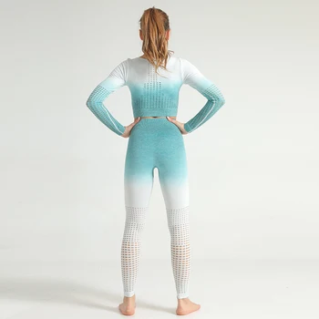 Femei fără Sudură Yoga Set de Vară Gol Gradient Elastica Fitness Sport cu mâneci Lungi T-shirt etanș Fese Pantaloni de Yoga 0