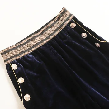 Femei toamna iarna catifea pantaloni talie elastic pantaloni largi picior + guler tricotate pulover cu dungi set de două piese rosu albastru 7827