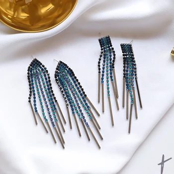 JZTOP Albastru Complet Stras Epocă Tassel Picătură Cercei Pentru Femeile Multistrat Cristal Lung Lanț de Metal Legăna Cercei Bijuterii 1692