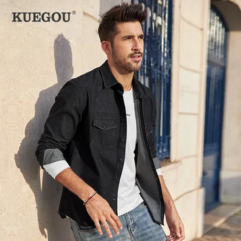 KUEGOU Bumbac toamna îmbrăcăminte denim tricou barbati Negru, tricouri cu maneca lunga petrecere a timpului liber strat de moda de top, plus dimensiune BC-6996 5256