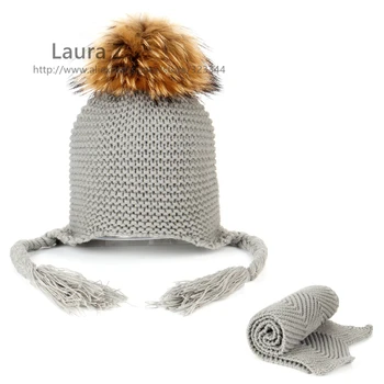 LAURASHOW Copil Pălărie Tricotate Enot, Nurca Blană de Vulpe Minge de 15 cm pentru Copii Șapcă de Iarnă Eșarfă Caldă Pom Fată Băiat Capota Cadou 12717