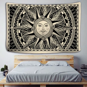 Mandala Tapiserie Vrăjitorie Agățat de Perete Boho-decor Astrologie Soarele Pătură Alb Negru Sun Moon Mandala Mână Spală Țesături Imprimate 0