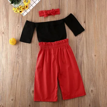 Moda Copii Baby Haine Fete de Pe Umăr Top Negru+Rosu Pantaloni Lungi+Bentita 3pcs Tinutele Set Princess Party Îmbrăcăminte pentru 1-6M 4545