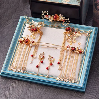 Noul Chineză Tradițională Agrafe de Nunta bastoane de Păr Pieptene set pentru Mireasa Aur Roșu Fluture Cap Accesorii Pearl Ace de Păr 7760