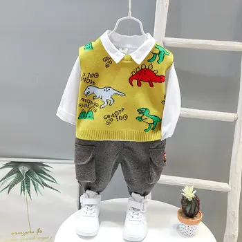 Nouă Primăvară Copil Haine Copii Baieti Fete Bumbac Printe Dinozaur Vesta Camasa Pantaloni 3pcs/seturi de Copil pentru Sugari Sport Casual Costum 4134