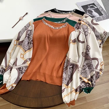 Nouă Primăvară Tipărite Maneca Despicare Top Tricotate Moda pentru Femei Butonul Maneca Pulover 9156