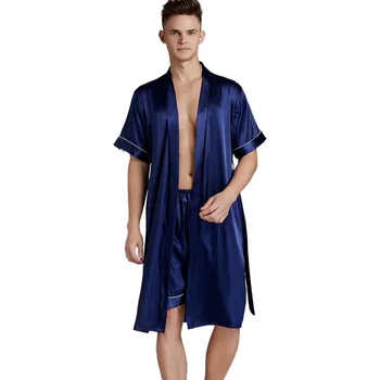 Oamenii Kimono-Halat Rochia Sleepwear 2 BUC Halat de&Set de pantaloni Scurți din Satin Matasos Pijamale Lenjerie Intima Casual, Halat de Baie Supradimensionată 3XL 0