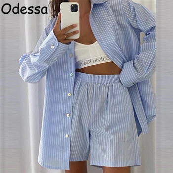 Odessa Cu Dungi Două Bucata Set Pentru Femei Primavara-Vara Tricou Cu Maneci Lungi, Și De Înaltă Talie Pantaloni Scurți Casual Trening Tinutele 2021 11713