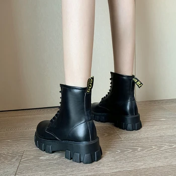 Pantofi de iarna pentru Femei Cizme Rotund Toe Flats din Piele Neagră Platforma Cizme pentru Femei Cizme de Zapada pentru Femei de Iarnă 2020 Botas Mujer 5123