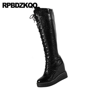 Pantofi din piele de sarpe pană neagră de iarna cu toc gotic lux fermoar lateral cizme femei lungă din piele de brevet genunchi platforma ascunse șarpe 17887