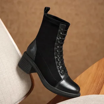 Piața Tocuri Joase de Vest Glezna Cizme de sex Feminin 2020 Toamna de Moda Dantelă-up de Pluș cu Fermoar de Înaltă Calitate, Pantofi Femei Cizme Chelsea 0