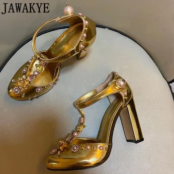 Piele De Aur Stras Pantofi Retro Floare Bijuterii Diamant Nituri Tocuri Inalte Mary Janes Plus Dimensiune Mireasa Nunta Pantofi Femei 0