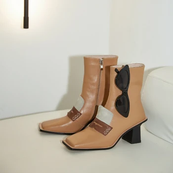 QUTAA 2021 Square Toe Fermoar pentru Femei Pantofi de Moda Pătrat cu Toc Glezna Cizme de Piele de Vacă de Înaltă Calitate Cizme Scurte Dimensiune 34-39 5718
