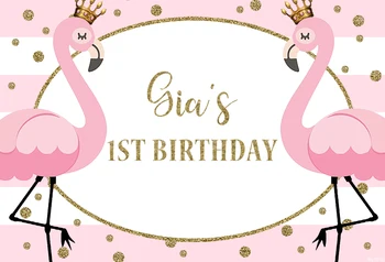 Sensfun Coroana Flamingo Fundal Roz cu Dungi Alb-Gold Glitter Fata Happy 1st Birthday Party Fundaluri Personalizate 7x5FT Vinil 20072