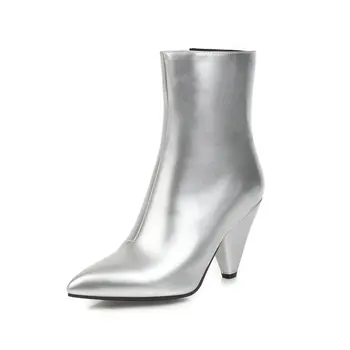 Sianie Tianie brevet PU piele alb argintiu negru spike tocuri inalte cizme de moda moto cizme glezna mare dimensiune 45 46 47 13219