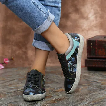 SOCOFY Femei Stil Retro Adidași din Piele Dantela-Up Pantofi de Despicare Florale, Decor cu Fermoar Plat Casual în aer liber, Tenis 2020 134