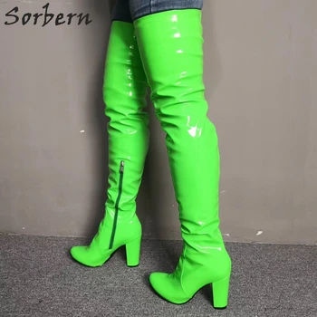 Sorbern Verde Neon Coapsa Inalta Femei Boot Bloc Tocuri Podium de Moda pentru Femei Personalizate Largă de Vițel se Potrivesc Doamnelor Cizme Cizmele 11761