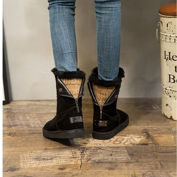 SWYIVY Cizme de Zapada pentru Femei Pantofi de Iarna Microfibra Plat Lână Cald 2019 Noua Moda Aluneca Pe Cusut Cizme Pentru Femei la Jumătatea Vițel Papuceii 15638