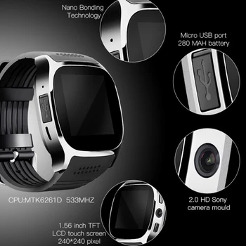 T8 Bluetooth ceas inteligent suporta TF card mini-SIM card ceas 0.3 MP aparat de fotografiat telefon pedometru, monitorizare somn 0