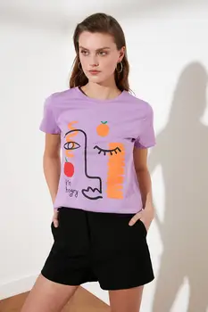 Trendyol Tipărite de Bază Tricotate T-Shirt TWOSS21TS0319 0