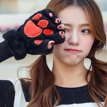 XEONGKVI coreean Broderie Desene animate Laba de Pisică de Pluș Mănuși cu un Deget Marca O Jumătate de Deget de Toamna Iarna Cald Fata de Femei, Mănuși 6730