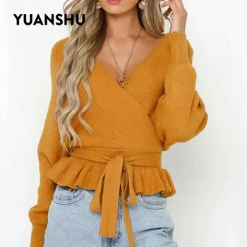 YUNANSHU 2020 Femei de Moda Pulover V Neck Toamna Primavara Tricotate Pulover Casual Batwing Maneca Arc Înnodate Topuri potrivit pentru S-XL 9132