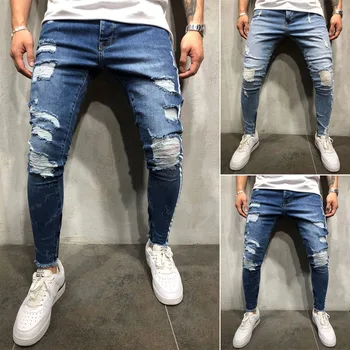 2019 Nou Brand de moda de Moda pentru Bărbați Rupt Blugi Skinny Distrus Uzat Slim Fit Pantaloni Denim cu Fermoar NOI 1