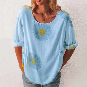 2020 Femei Elegante O-Neck Shirt Bluza Casual De Vara Lenjerie De Pat Din Bumbac Tricou Pulover Supradimensionat Daisy Print Feminin Blusa Topuri Blusas 1