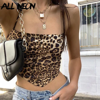 ALLNeon Y2K Vară de Moda Leopard de Imprimare Bandaj Backless Trunchiate Topuri de E-fata Sexy rochie fără Mâneci Dantelă-up Straped Rezervor de Top Vintage 1