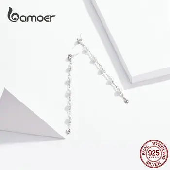 Bamoer Pearl Lanț Lung Picătură Cercei pentru Femeile Reale Argint 925 Legăna Stil coreean Cercei Petrecere Bijuterii BSE185 1