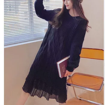 Dintr-O Bucata Femeie Dantela Cusut Poftă De Mâncare Rochie Femei De Iarnă Coreean Maneca Lunga Pulover Tricotate Rochii 2021 Primăvară Femeie Rochie Midi 1